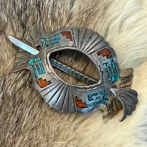 Vintage Native American Jewelry Sterling Silver Turquoise & Coral Hair Buckle